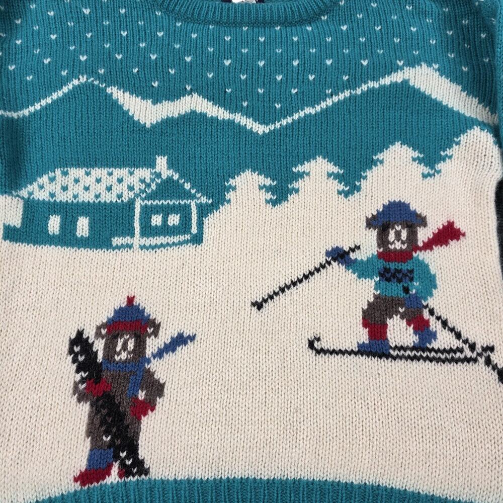 Vintage Woolrich Sweater Womens Large Teal Ski Bear Scene Pure Wool Winter Fun - Picture 10 of 16